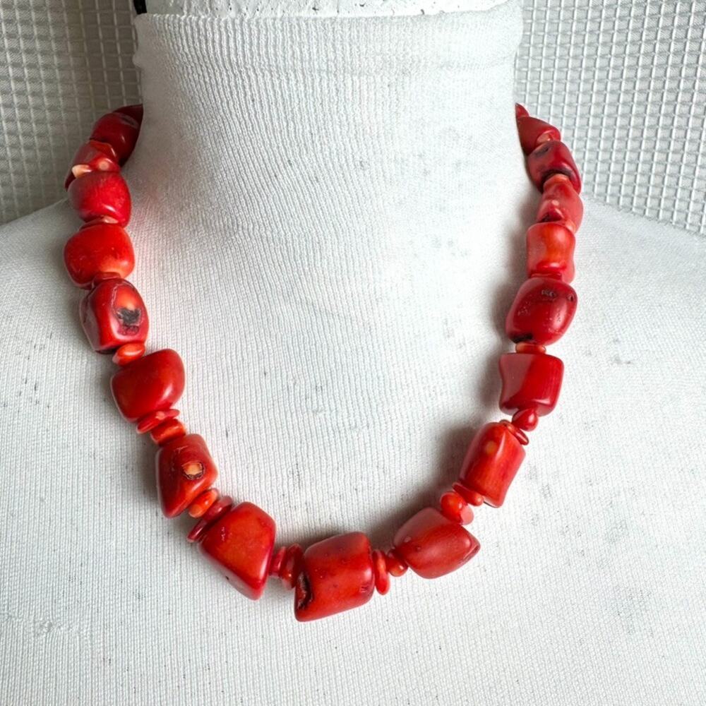 Vtg Bamboo Red Coral Necklace 925 Sterling Clasp Chunky Bead Statement 20" 112g